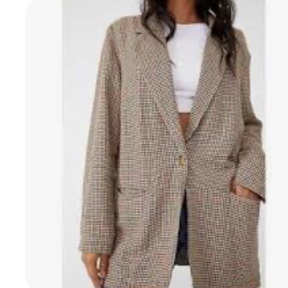 Free People Houndstooth linen Blazer in Brown and Cream $168 - Picture 7 of 10